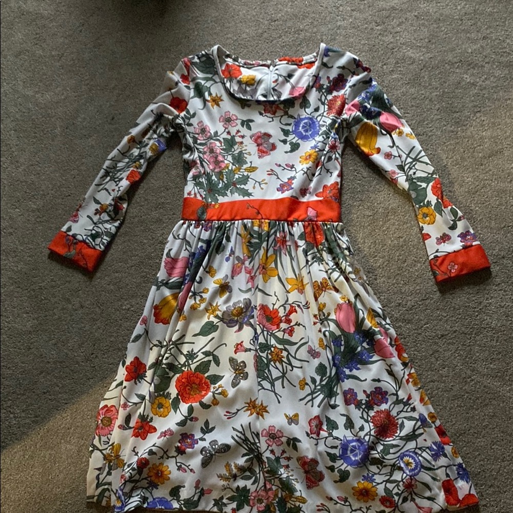 White and Red Bishop Floral long Sleeve Sundress with Scoop Neck